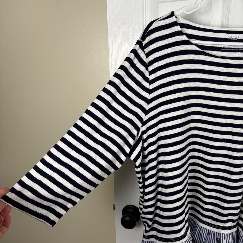 Talbots Navy White Striped Top Womens 2X Ruffle Hem Nautical Coastal Preppy - Picture 5 of 6